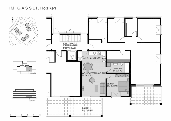 Plan Erdgeschoss 2 ½-Zimmer-Wohnungen A3/B3/C3 